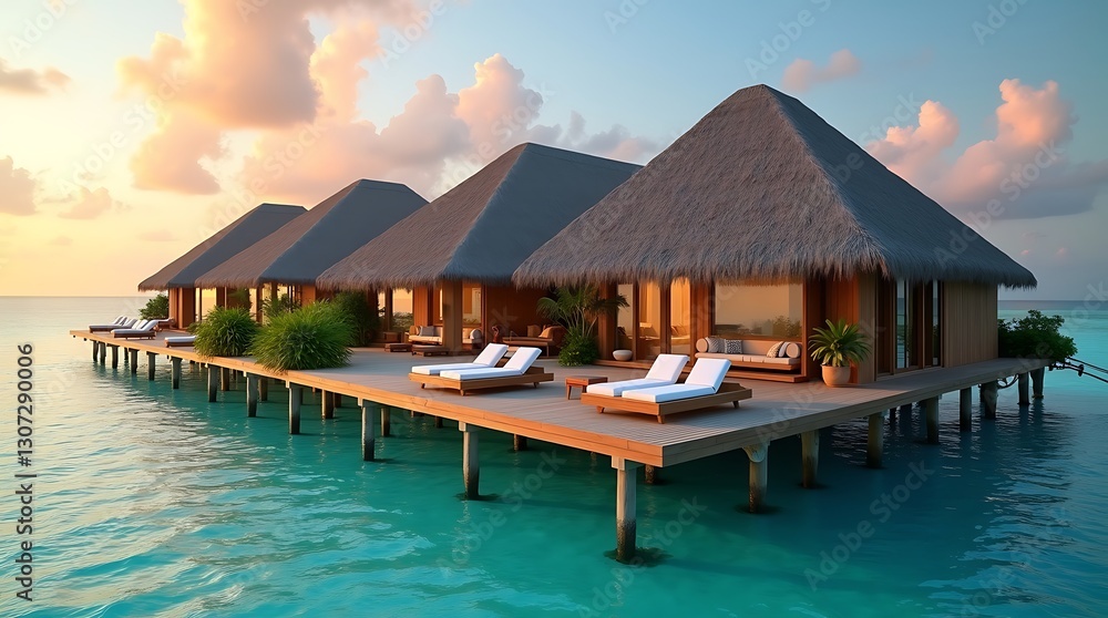 Overwater bungalows with thatched roofs on a calm turquoise sea at sunset. Overwater bungalows with thatched roofs on a calm turquoise sea at sunset.