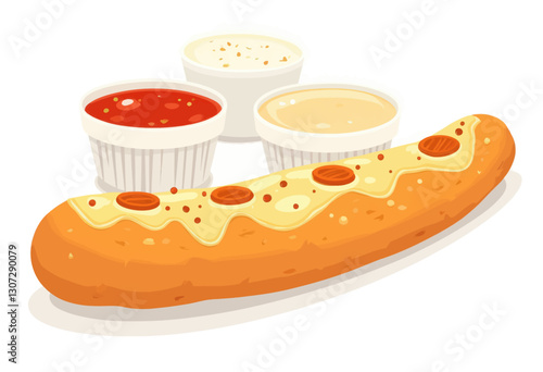 Cartoon hotdog with sauces, condiments illustration