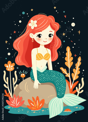 Cartoon Mermaid on Rock, Seaweed, Stars