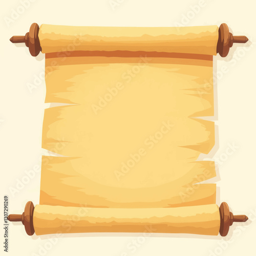 Cartoon parchment scroll with wooden handles, tan and brown