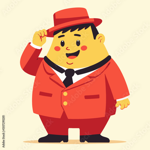 Cartoon man in red suit tipping hat and smiling