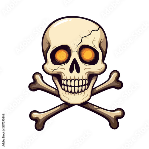 Cartoon skull with glowing orange eyes and crossbones