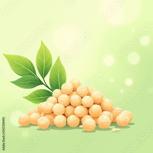 Cartoon Soybeans with Leaves on Green Background