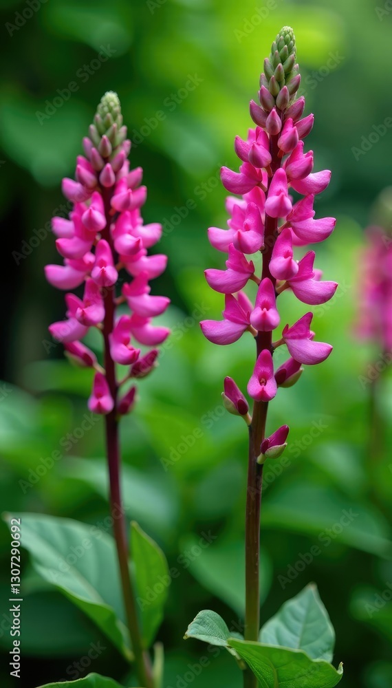 Physostegia blooms in the midst of lush green foliage and stems, flora, stems, botanicals Physostegia blooms in the midst of lush green foliage and stems, flora, stems, botanicals