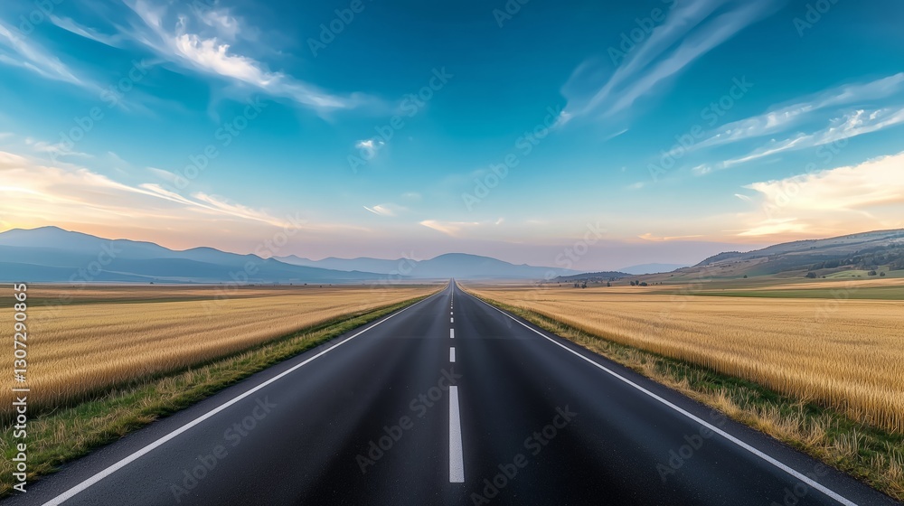 Naklejka premium Serene Road Through Golden Field Under Blue Sky