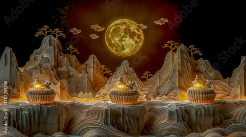 Golden Moonlit Landscape with Paper Art Aesthetic
