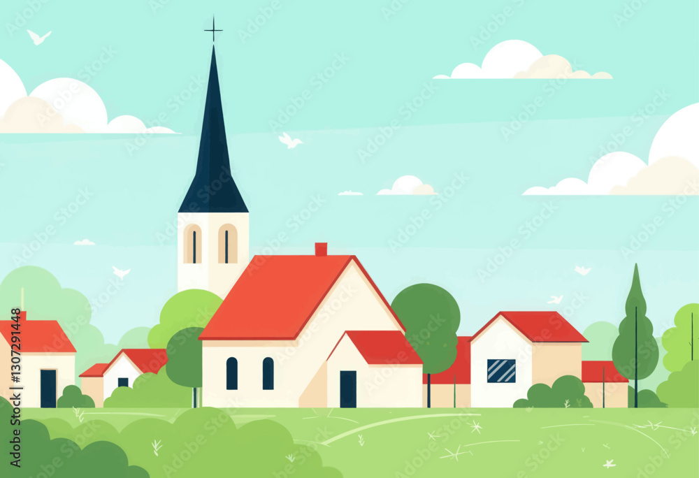 Naklejka premium Cartoon Village Scene with Church Steeple and Red Roofs
