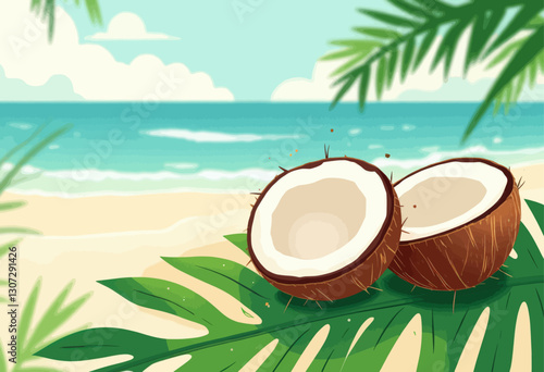 Coconut Halves on Tropical Leaf with Beach View