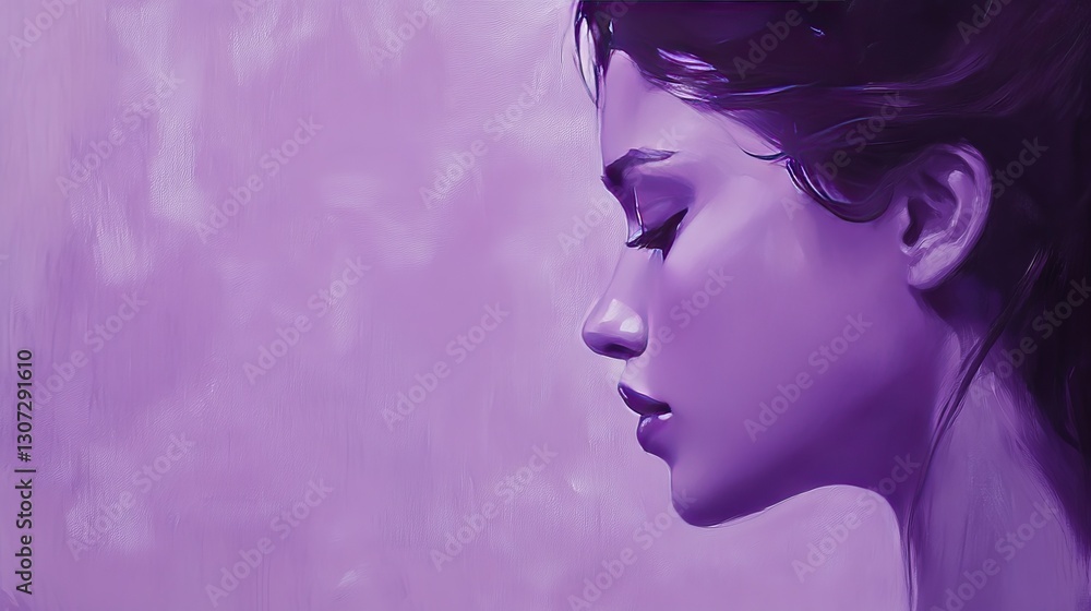 woman, macro, violet solid background, elegant and composed, soft violet hues surrounding her, creating a tranquil atmosphere. woman, macro, violet solid background, elegant and composed, soft violet hues surrounding her, creating a tranquil atmosphere.