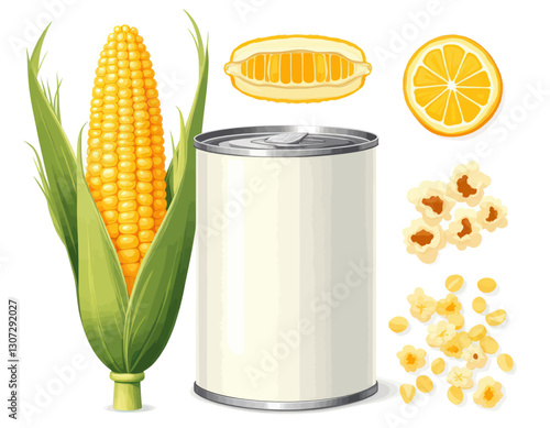 Corn, Popcorn, Orange Slices, and Blank Food Can Illustration