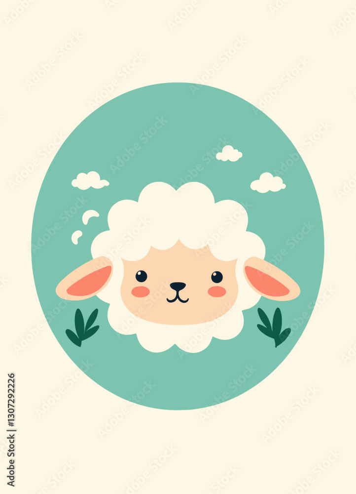 Cute Cartoon Sheep in Teal Circle With Clouds and Grass Cute Cartoon Sheep in Teal Circle With Clouds and Grass
