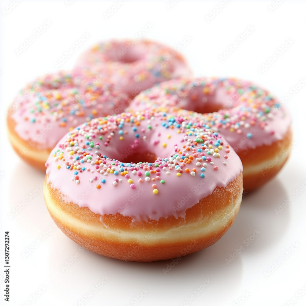 Four pink frosted donuts with colorful sprinkles and glossy glaze isolated on white background Four pink frosted donuts with colorful sprinkles and glossy glaze isolated on white background