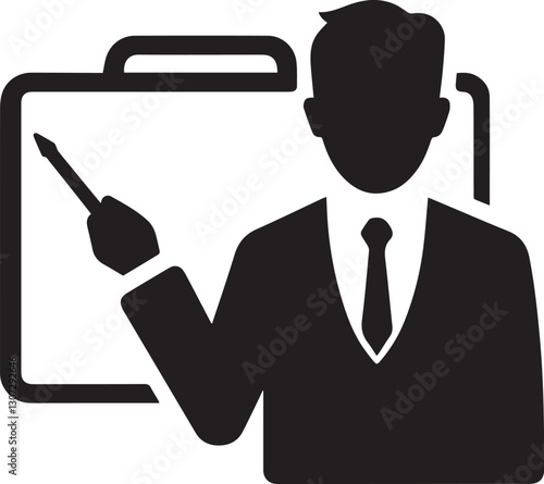 Man presenting with pointer in front of a presentation board
