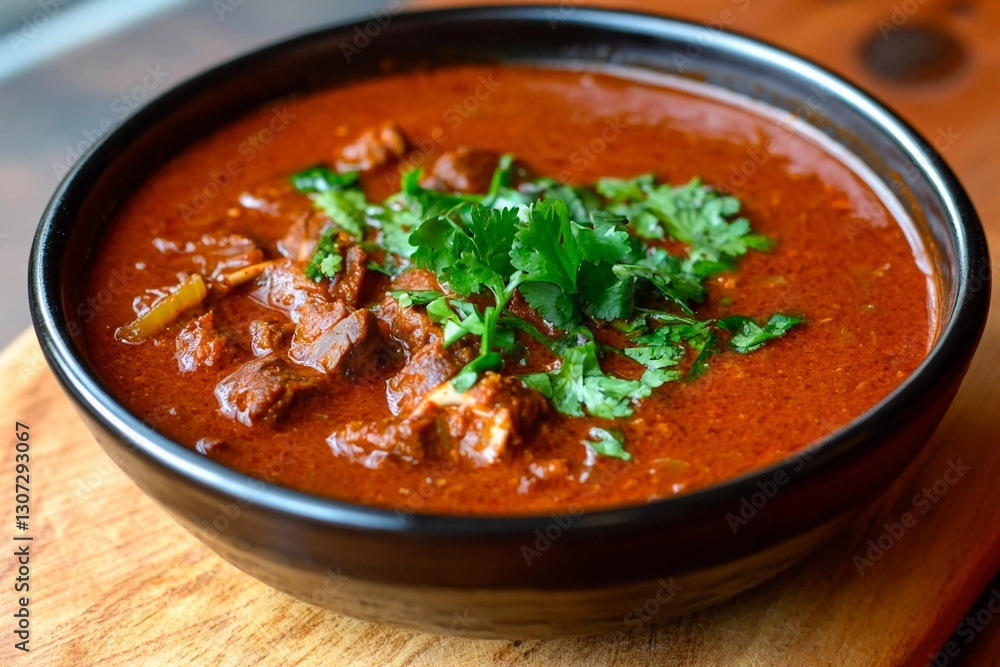 A rich beef curry is presented in a dark bowl, topped with vibrant green cilantro. The dish features tender chunks of meat simmered in a savory sauce, resting on a wooden table A rich beef curry is presented in a dark bowl, topped with vibrant green cilantro. The dish features tender chunks of meat simmered in a savory sauce, resting on a wooden table