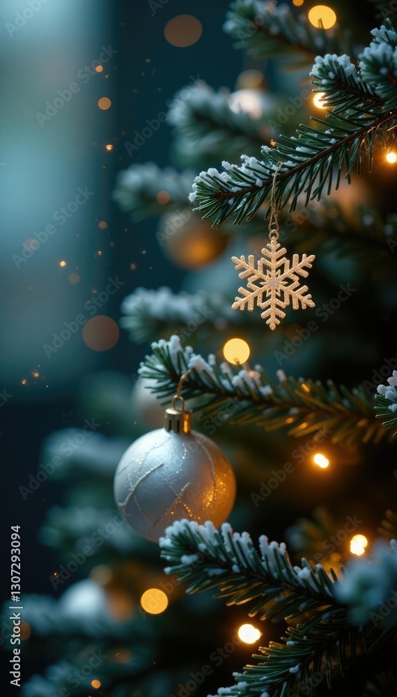 Obraz premium Twinkling snowflakes on an ornamented tree branch in a festive Christmas background, branches, garland
