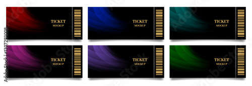 Black ticket mockups with bar codes and shadows. Background template with blue, green, teal, red, pink and purple abstract pattern. Concert, movie or theater ticket. Lottery, sale coupon	
