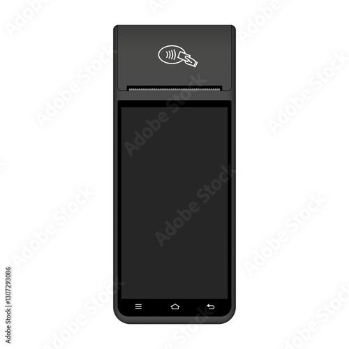 POS Terminal with black screen. Mockup of a black wireless terminal. NFC payment machine. Mobile payment. Credit cards are accepted here. Payments device. Banking equipment