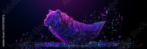 Abstract polygonal lion in vibrant neon colors, digital art.