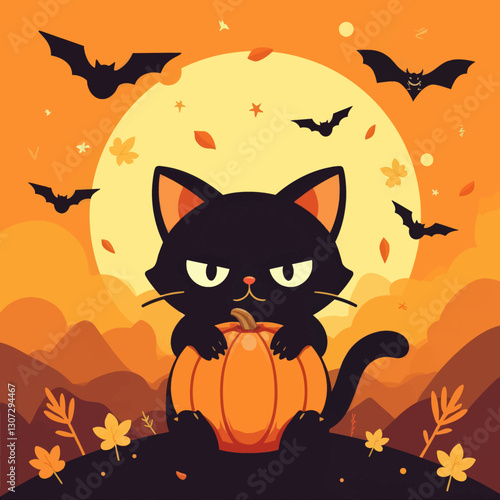 Grumpy Black Cat Hugging Pumpkin with Bats in Orange Sky