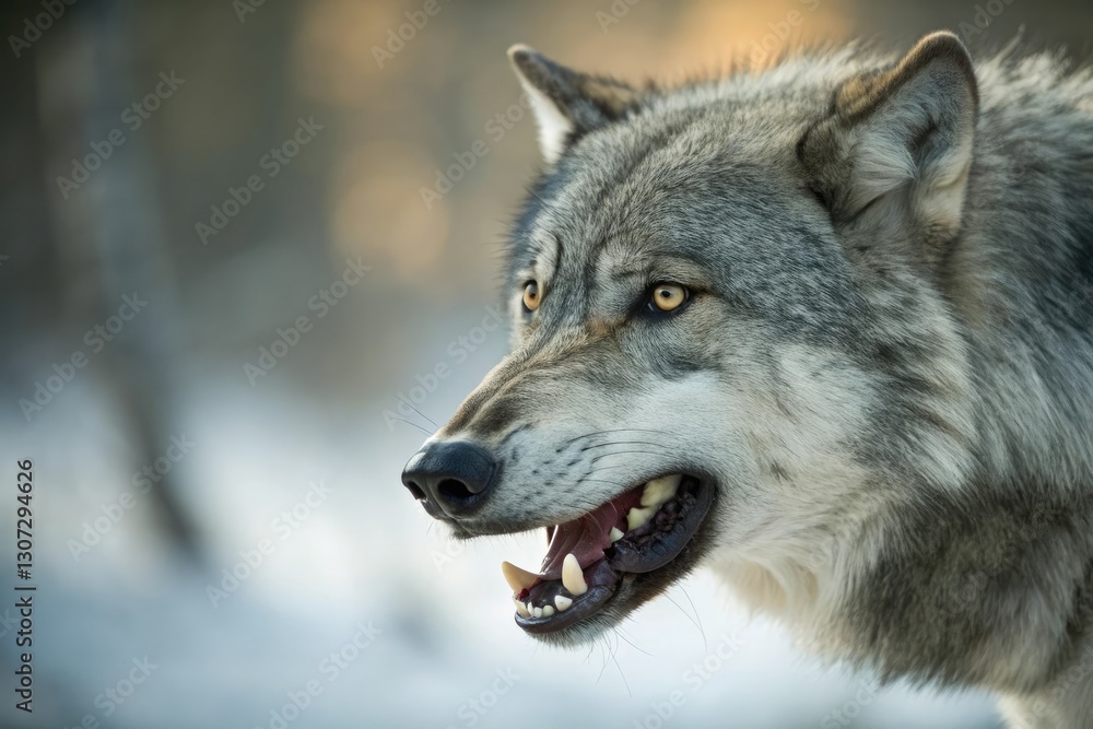 A close-up of a gray wolf's face shows its sharp teeth and piercing eyes, set against the soft focus of its surroundings, canis, wilderness, wildlife photography, facial expression A close-up of a gray wolf's face shows its sharp teeth and piercing eyes, set against the soft focus of its surroundings, canis, wilderness, wildlife photography, facial expression
