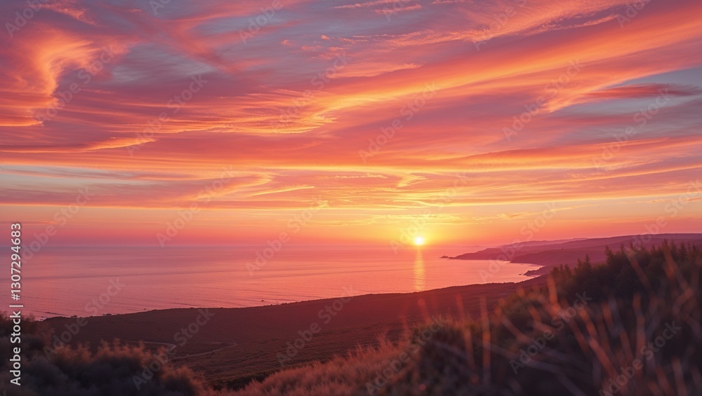 Obraz premium Breathtaking Vibrant Sunset Over Coastal Backdrop