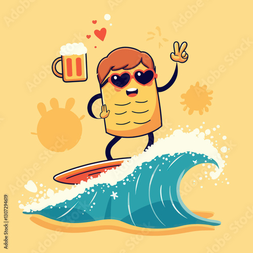 Happy surf dude cartoon with beer on yellow background