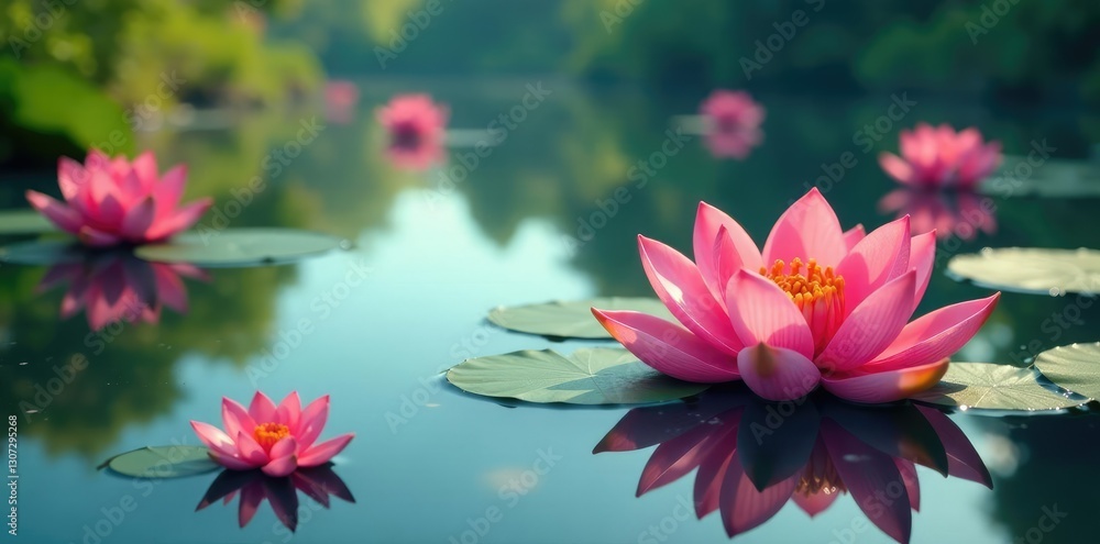 Petal-like shapes float on a serene floral lake, whimsical art, floral lakes Petal-like shapes float on a serene floral lake, whimsical art, floral lakes
