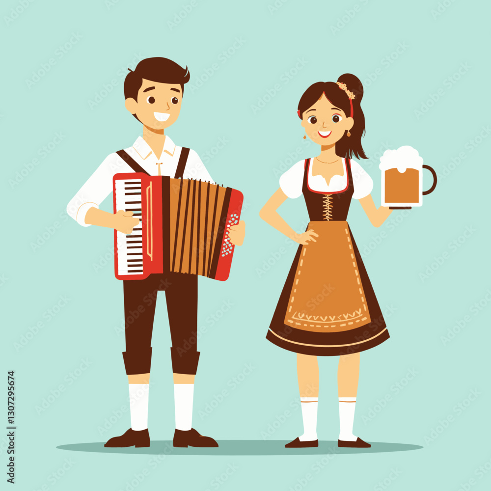 Oktoberfest Cartoon: Man with Accordion, Woman with Beer Oktoberfest Cartoon: Man with Accordion, Woman with Beer