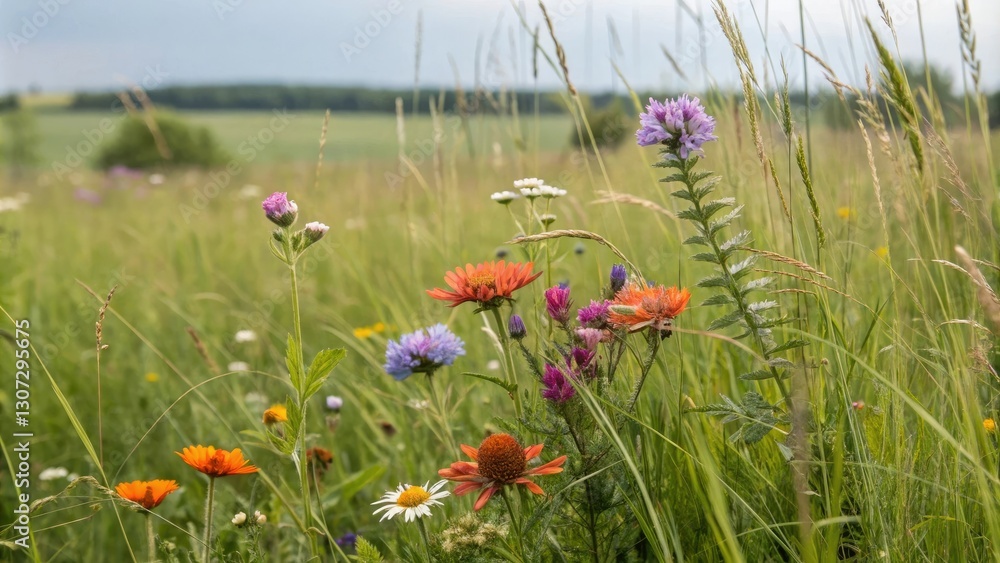 A cluster of colorful wildflowers grows amidst the tall blades of grass in a lush meadow, meadow, field