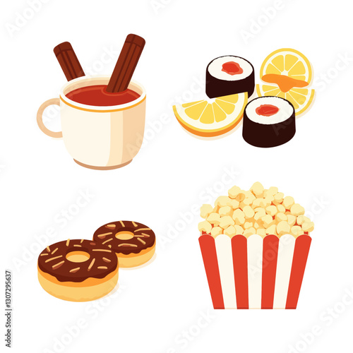 Mulled Wine, Sushi, Donuts, Popcorn Illustration