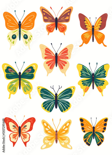 Nine Colorful and Patterned Butterflies on White