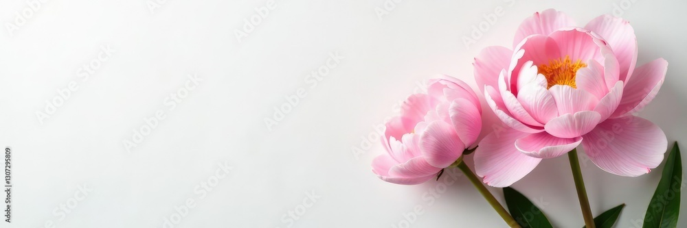 Fototapeta premium Peony blooms in soft pastel shades on a pure white surface, flowers, spring