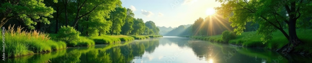 Peaceful riverbank scene with lush vegetation and a sunny sky, serenity, peaceful Peaceful riverbank scene with lush vegetation and a sunny sky, serenity, peaceful