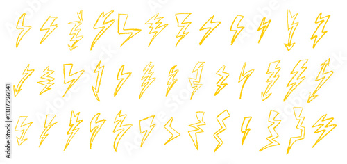 Set of lightning by wax pencil drawing. Collection of handdrawing chalk , light flash signs, Doodle thunder bolts, golden color design elements. Graffiti style weather symbols. Vector illustration