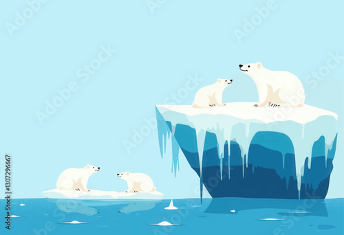 Polar Bear Family on Melting Iceberg, Blue Tone