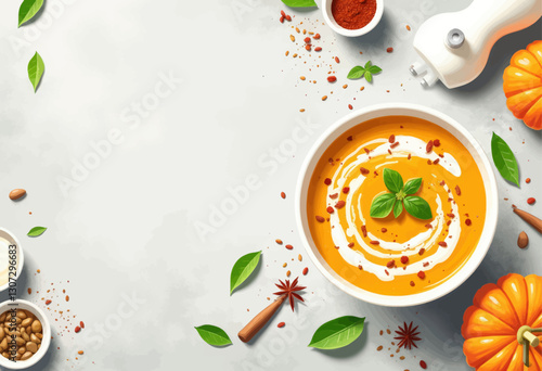 Pumpkin Soup Bowl With Cream and Spices Still Life