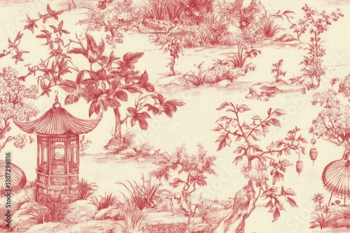A detailed red-and-white toile fabric featuring serene landscapes, traditional structures, and lush vegetation.