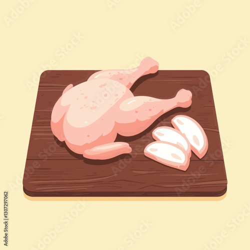 Raw chicken and cut slices on cutting board illustration