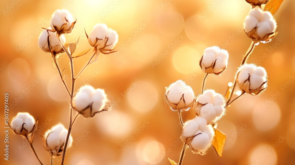 Cotton plants in soft golden light, showcasing fluffy bolls against a dreamy bokeh background Cotton plants in soft golden light, showcasing fluffy bolls against a dreamy bokeh background