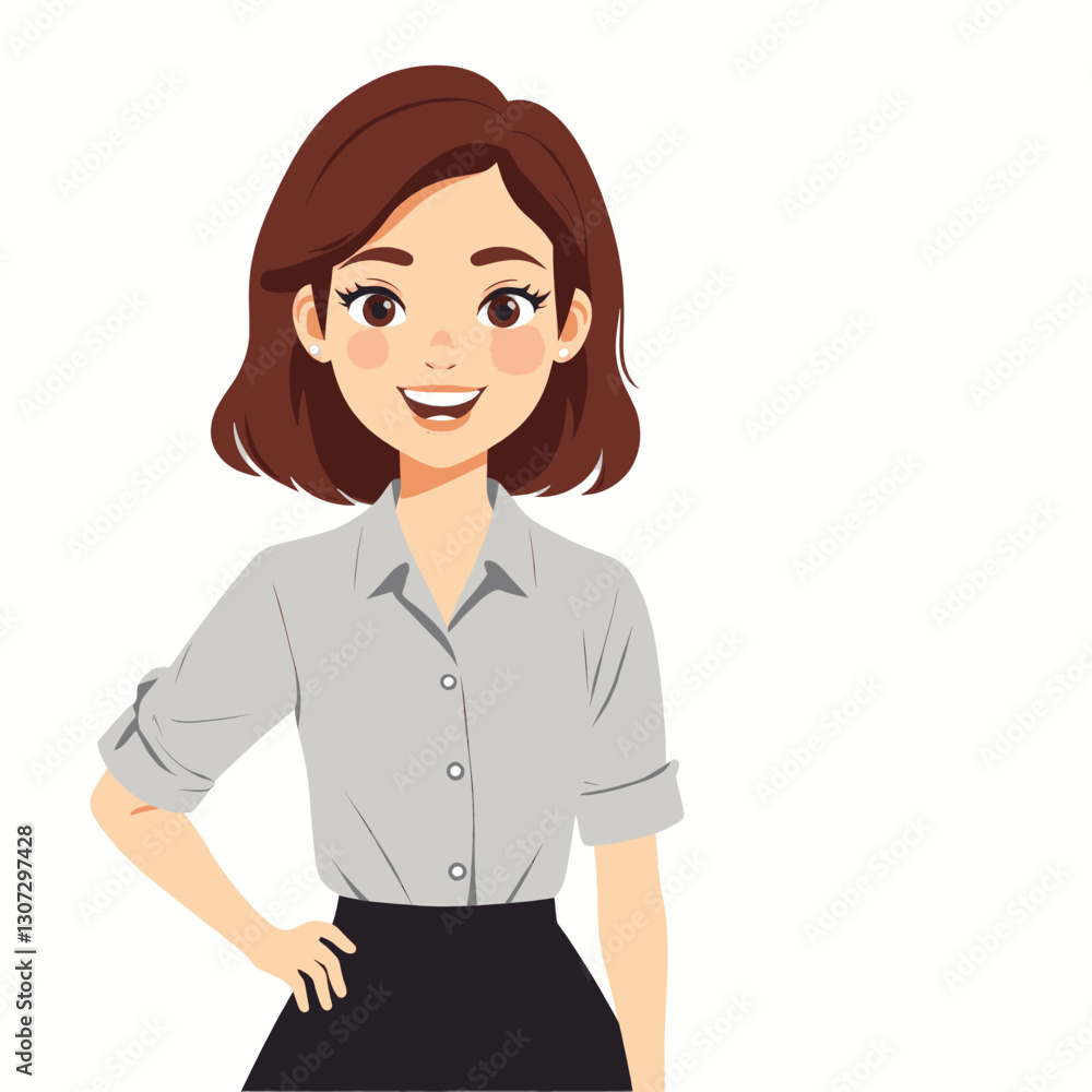 Smiling Businesswoman in Gray Shirt and Black Skirt Smiling Businesswoman in Gray Shirt and Black Skirt