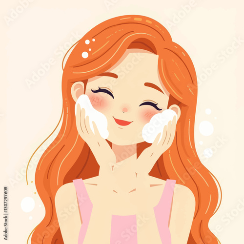 Smiling redhead washing face with foamy cleanser