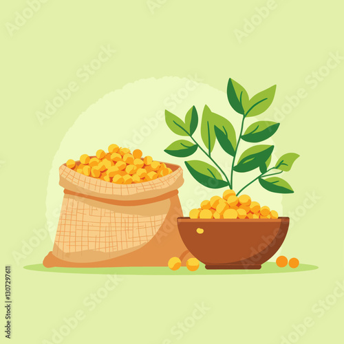 Soybeans in a bag, bowl, and soy plant on green background