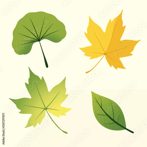 Stylized green, yellow, and gold autumnal leaf collection