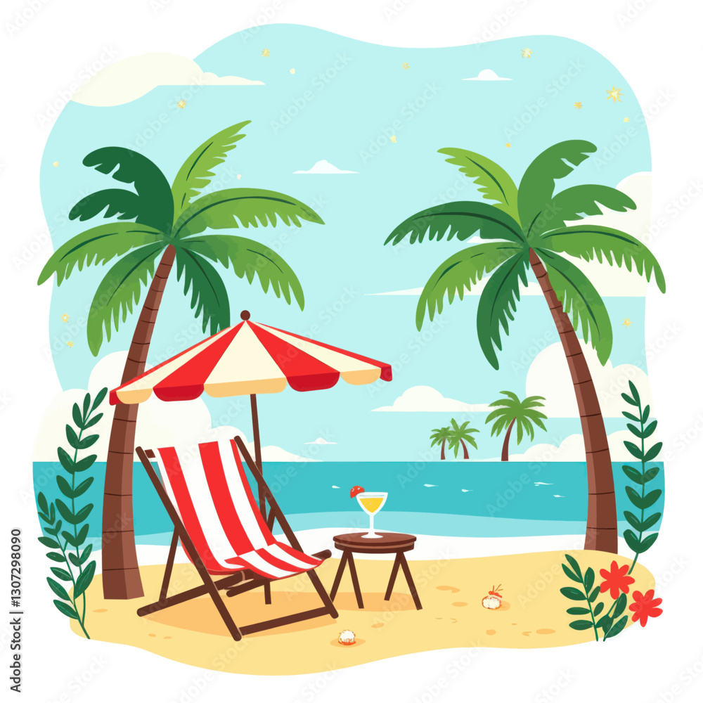 Obraz premium Stylized tropical beach with palms, drink, & lounge chair