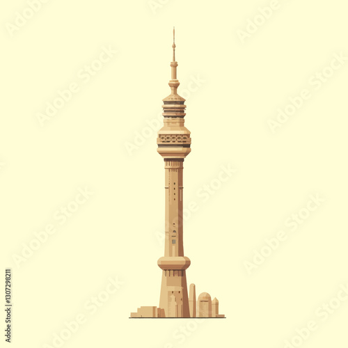 Tall communications tower, architectural detail, beige tone