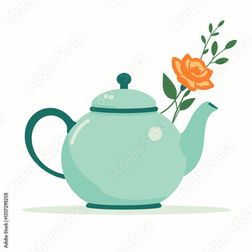 Teal teapot with orange rose illustration