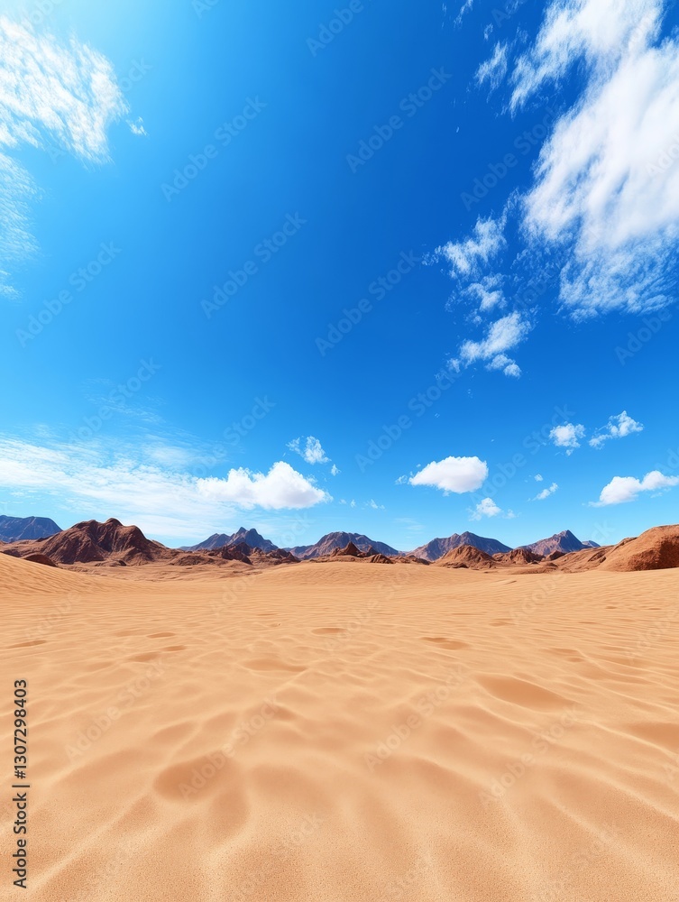 Desert Landscape Under Blue Sky - Vast desert landscape under a vibrant blue sky with scattered clouds and distant mountains. Perfect for travel, nature, or adventure themes Desert Landscape Under Blue Sky - Vast desert landscape under a vibrant blue sky with scattered clouds and distant mountains. Perfect for travel, nature, or adventure themes