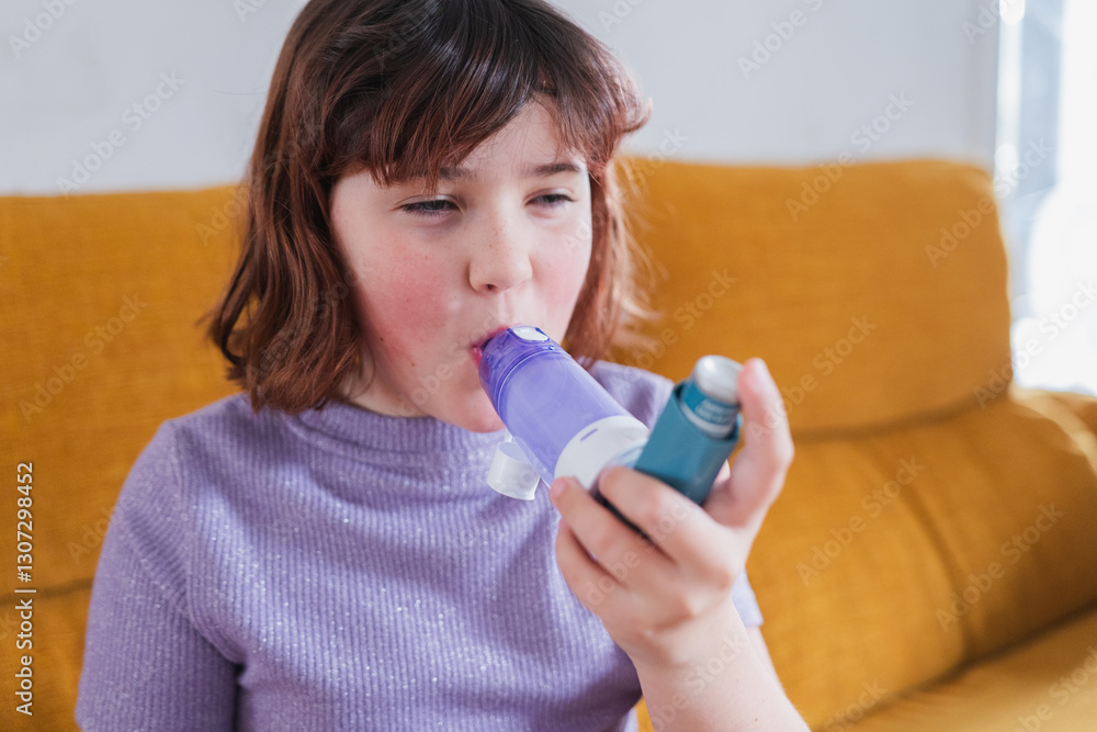 Young girl using inhaler in cozy living room during afternoon Young girl using inhaler in cozy living room during afternoon