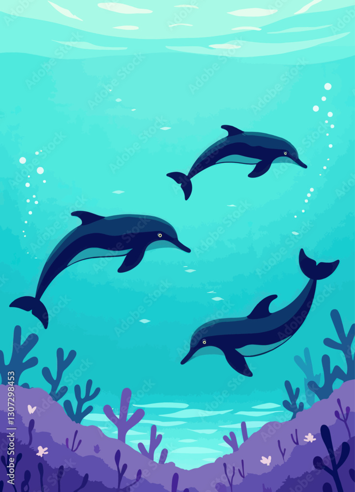 Fototapeta premium Teal Sea with Dolphins and Purple Coral Reefs
