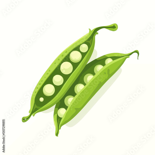 Two green pea pods with white peas on a white background